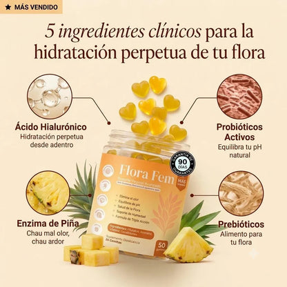 5 ingredientes para la hidratación de tu flora: ácido hialurónico, probióticos, enzima de piña y prebióticos
