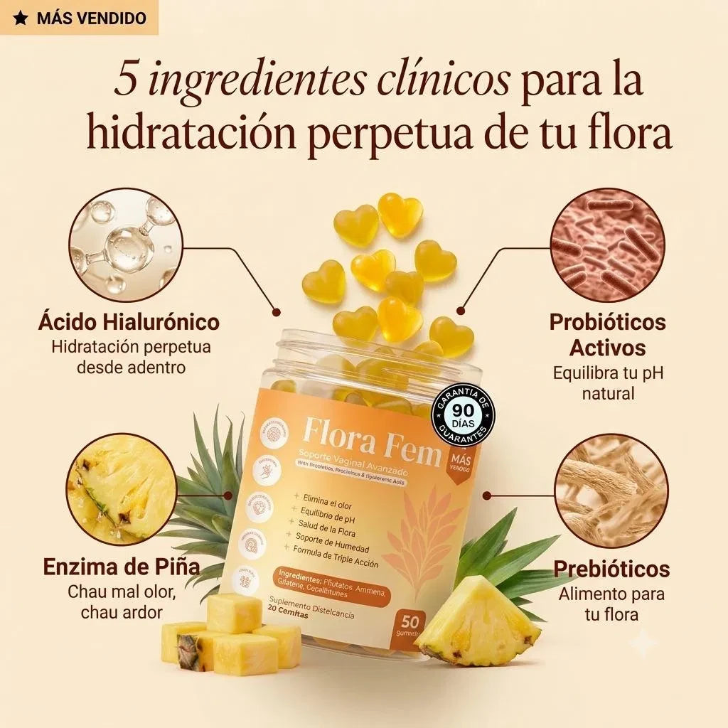 Ingredientes de Flora Fem: ácido hialurónico, probióticos activos, enzima de piña y prebióticos